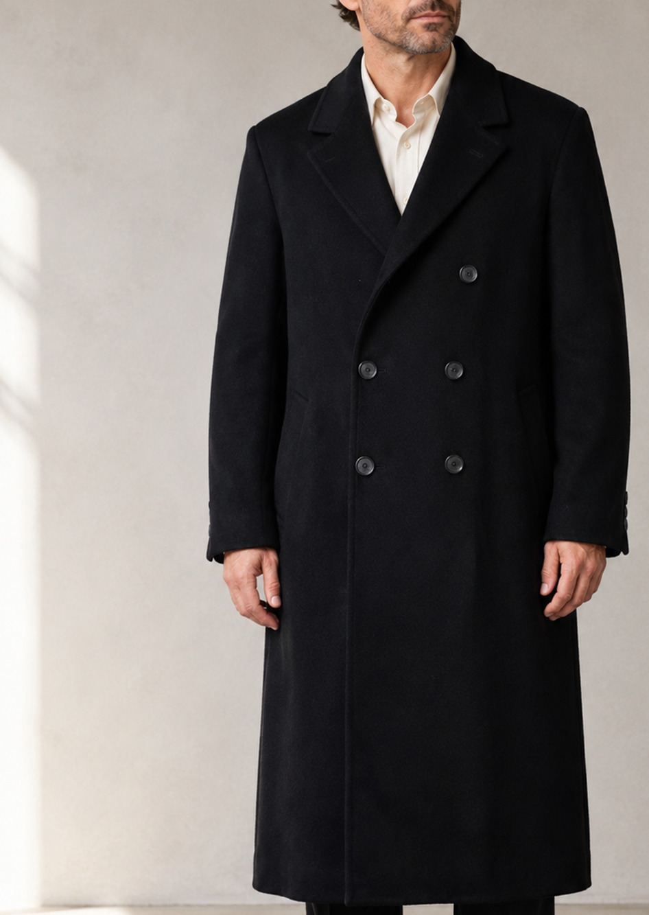 Andrew Fezza Mens 42R Black Italian Cashmere Blend Double Breasted Long Overcoat